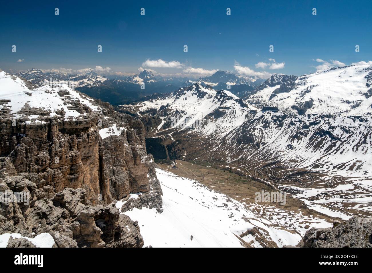 View of the Dolimites from Funivia-Seilbahn Sass Pordoi Cable Car and viewing Platform, Dolomites, Canazei, Trentino, Italy Stock Photo