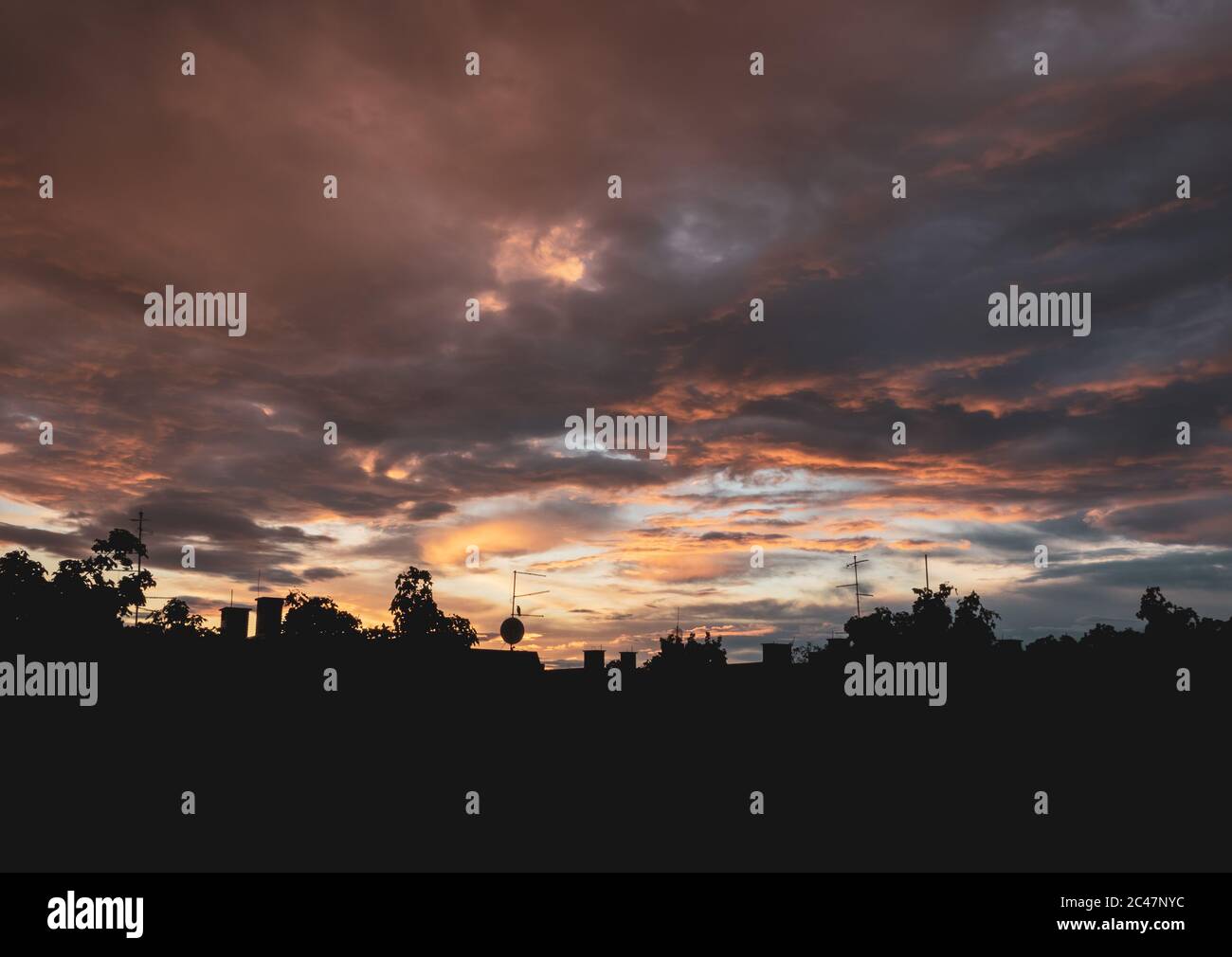 Landscape of silhouettes of buildings and trees under the evening sky ...