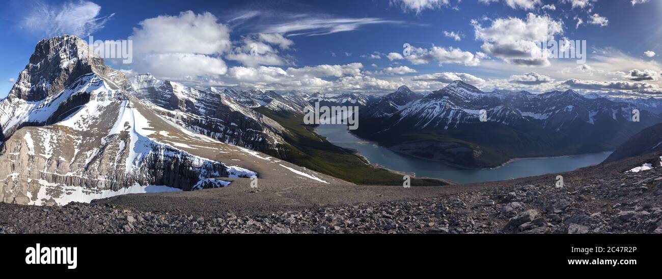 Wide Panoramic Springtime Landscape of Spray Lakes and Snowcapped Mountain Peaks, Alberta Kananaskis Country from Windtower Summit, Canadian Rockies Stock Photo