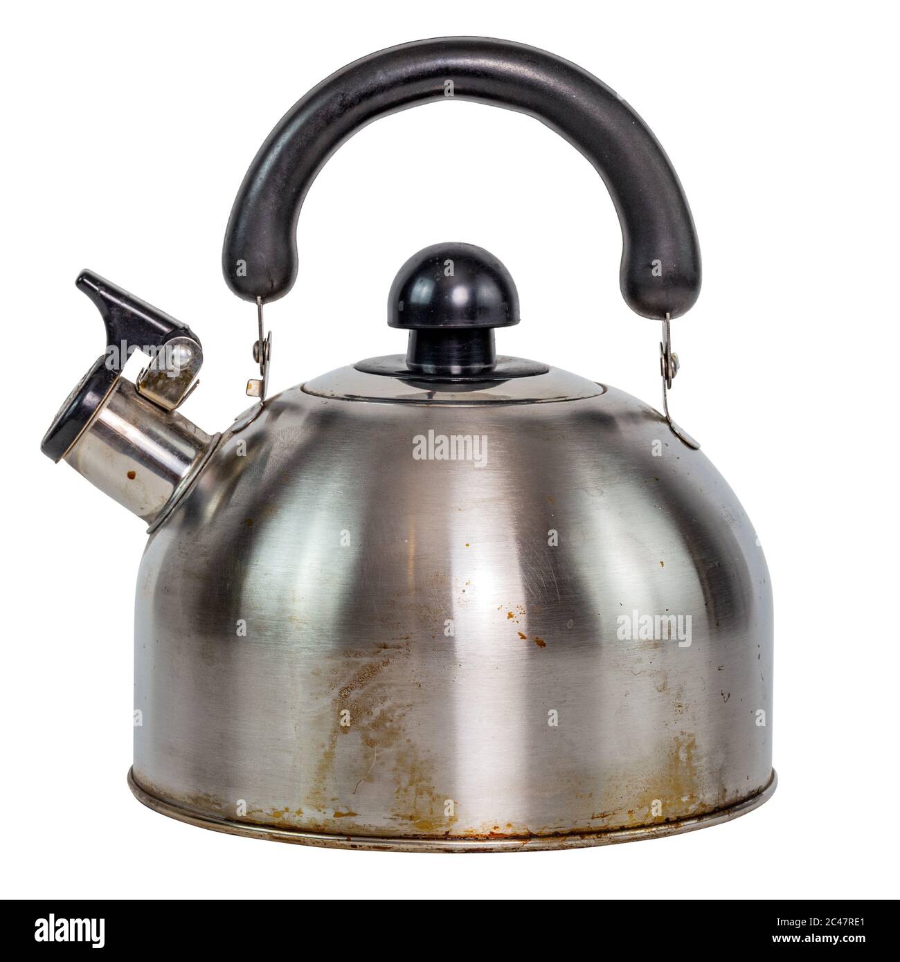 white dirty stainless steel kettle with whistle isolated on a white