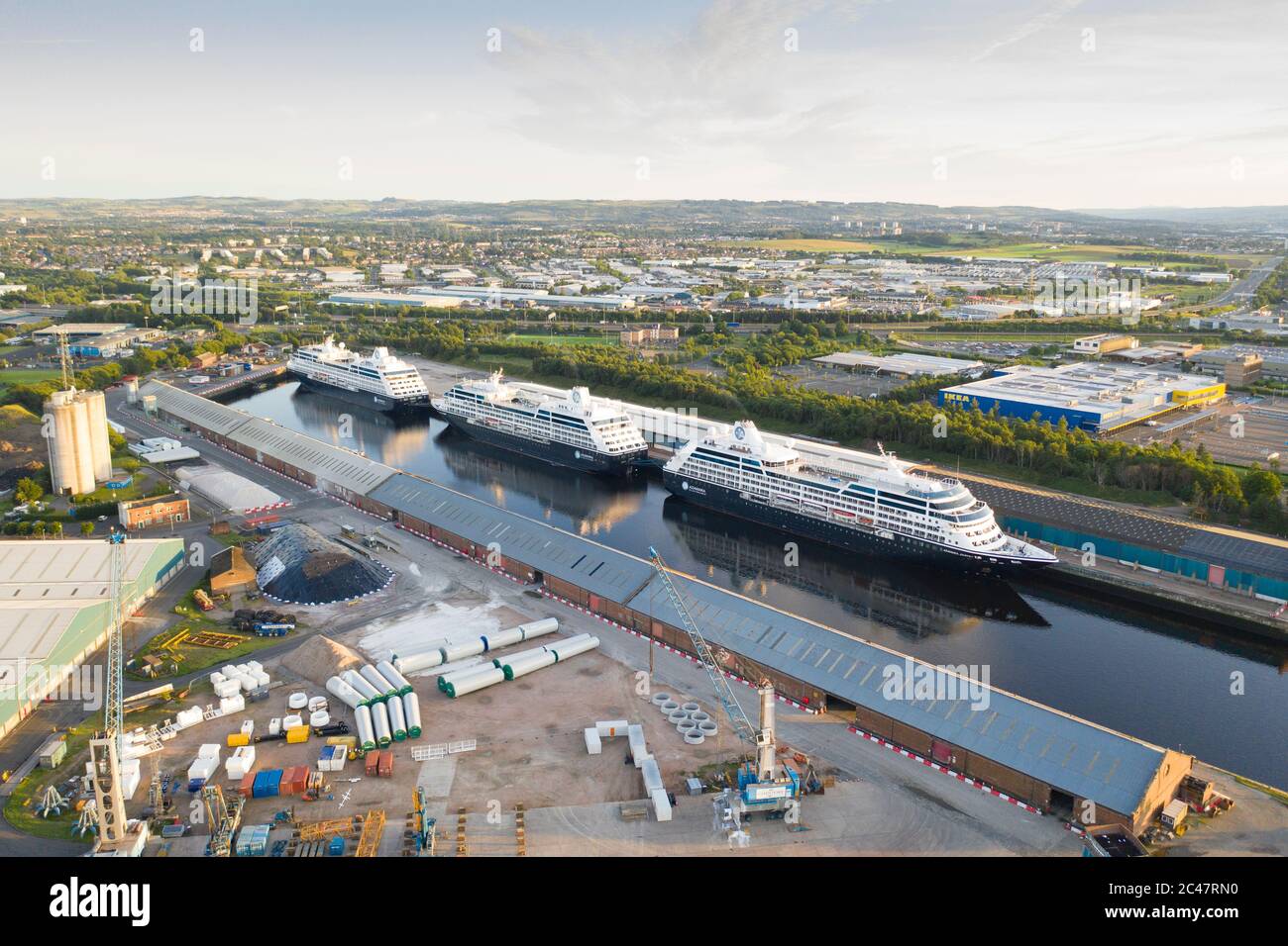 Drone Shot Of The Three Azama Cruise Ships Docked On The Glasgow Clyde River Stock Photo Alamy