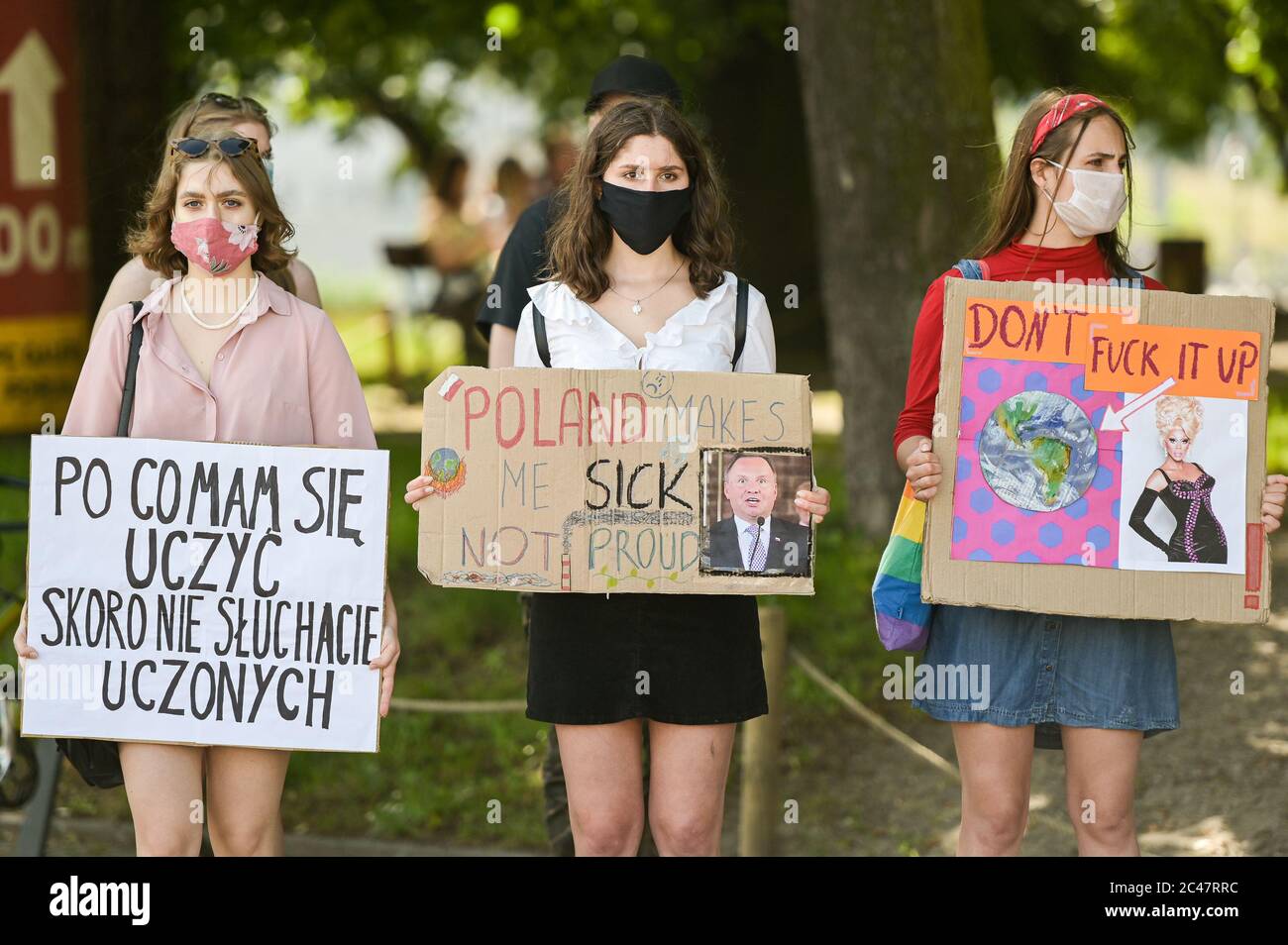 Demonstrators holding placards during the climate protest.Young people demand a response from the Minister of National Education, Dariusz Piontkowski, regarding the call for introducing climate education to the curricula. Stock Photo