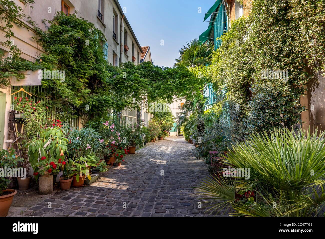 Paris, France - June 24, 2020: The Figuier street with its vegetation in Paris 11th district Stock Photo