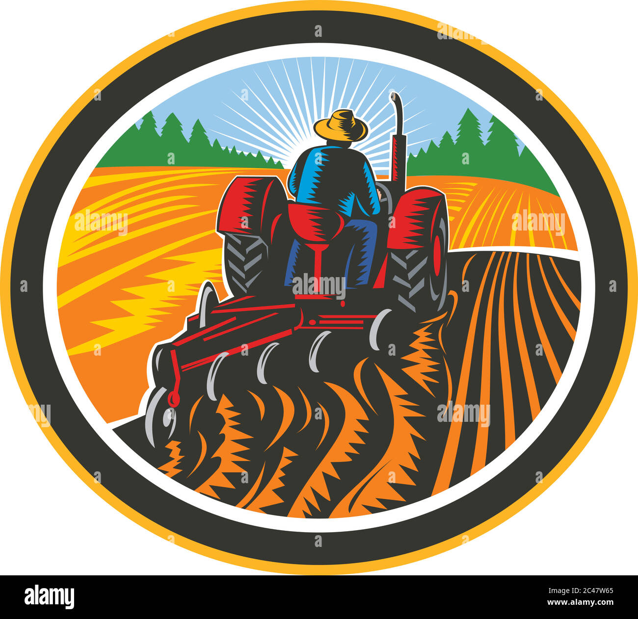 Farmer ploughing field Stock Vector Images - Alamy