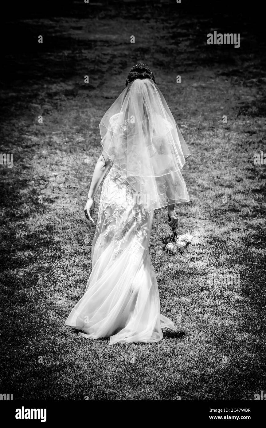 Isolated Rear view of bride in long wedding gown with veil holding a bouquet while walking outside in garden Stock Photo