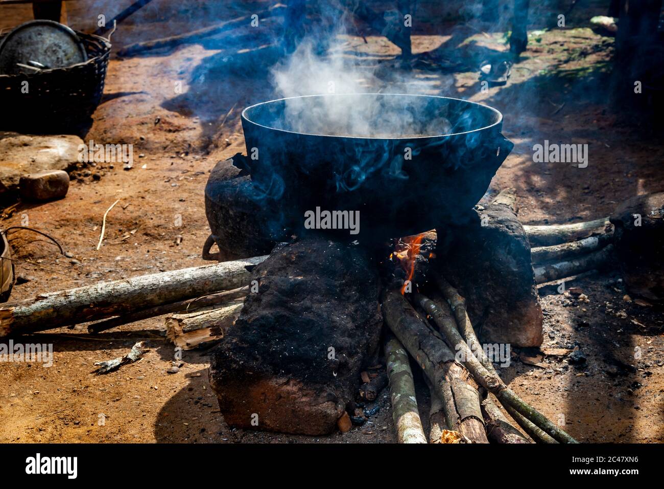 Cooking on open Fire in Sierra Leone Stock Photo