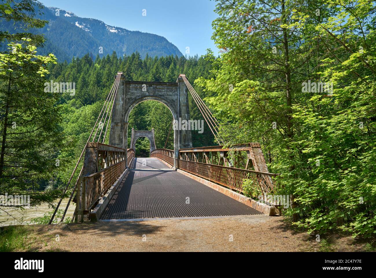 Historic Alexandra Bridge BC. The abandoned Alexandra Bridge crossing the Fraser River near Boston Bar, British Columbia, Canada. Stock Photo