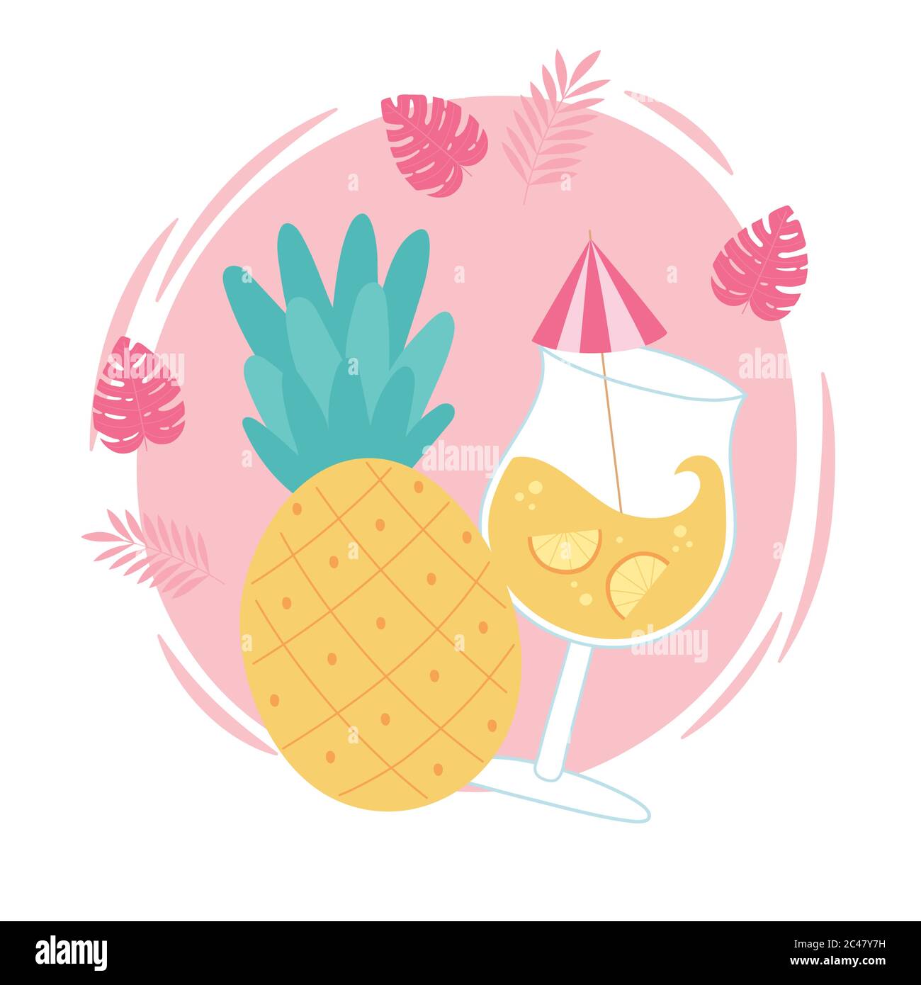 hello summer, tropical pineapple fruit cocktail with umbrella vector ...