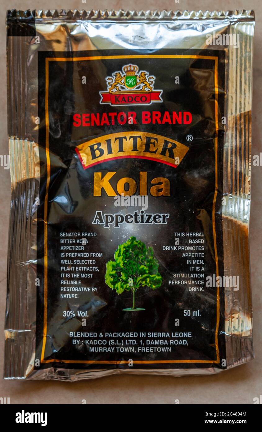 A serving of the famous Bitter Cola Appetizer Senator Brand in Sierra Leone Stock Photo