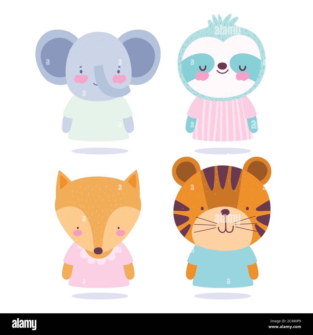 cartoon cute animals characters elephant raccoon fox and tiger vector