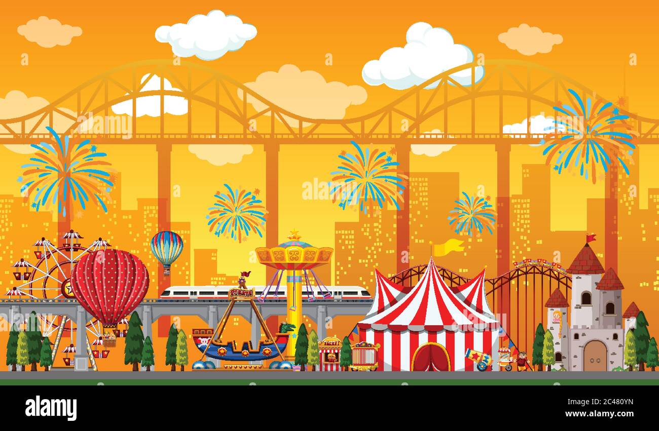 Amusement park scene at daytime with fireworks in the sky illustration ...