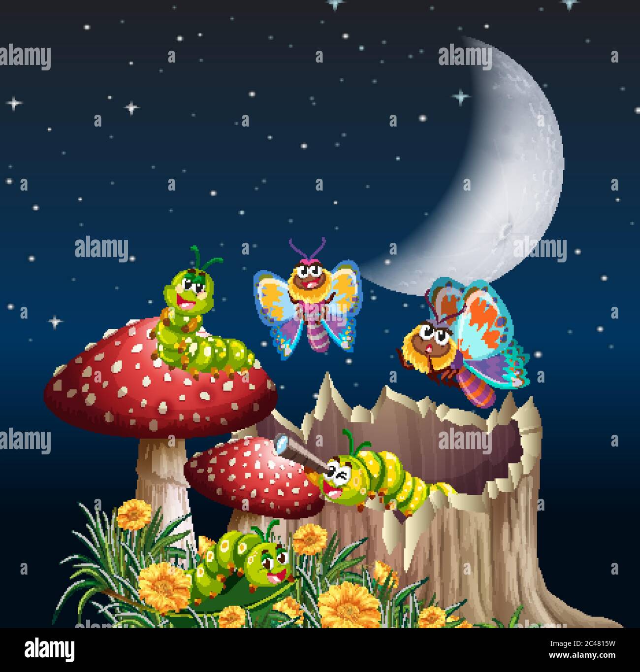 Butterflies and worms living in the garden scene at night illustration ...