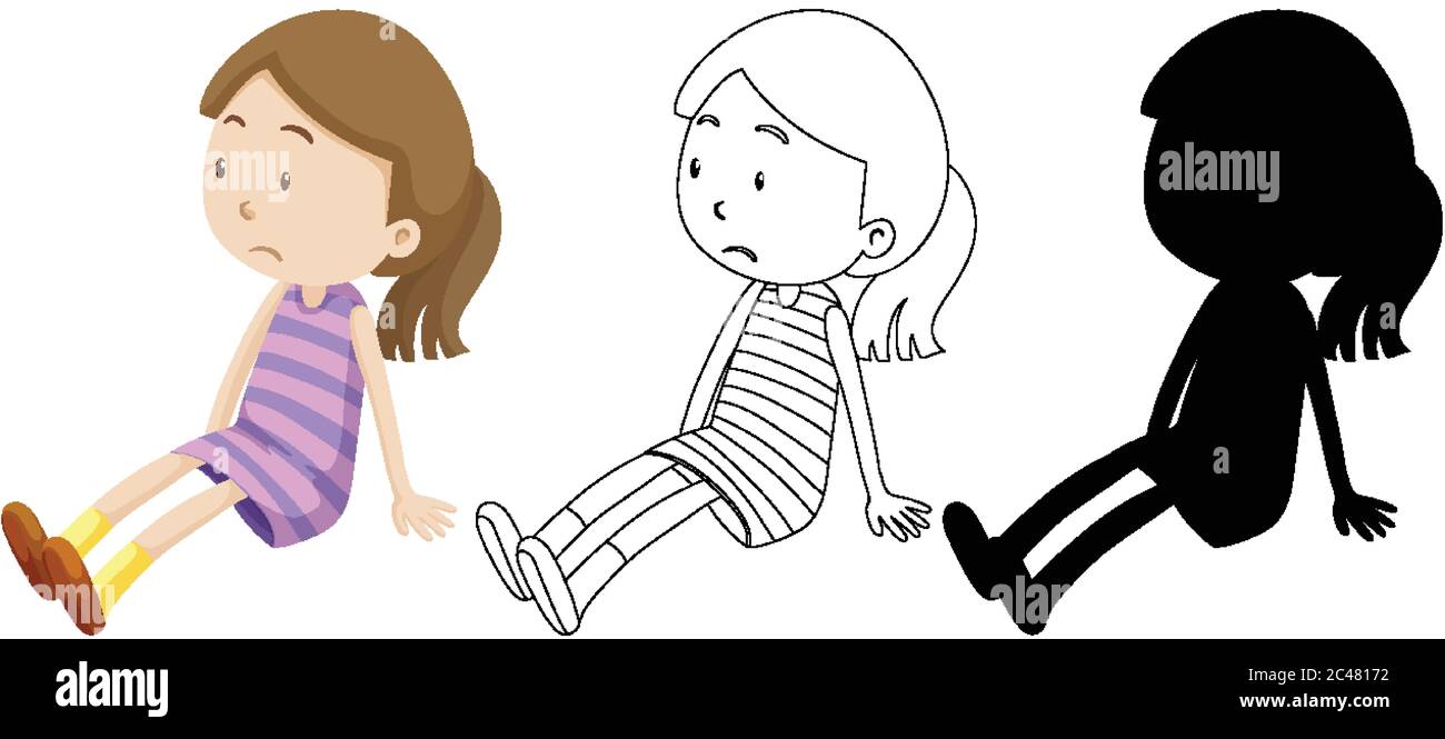 Sad girl with its outline and silhouette illustration Stock Vector