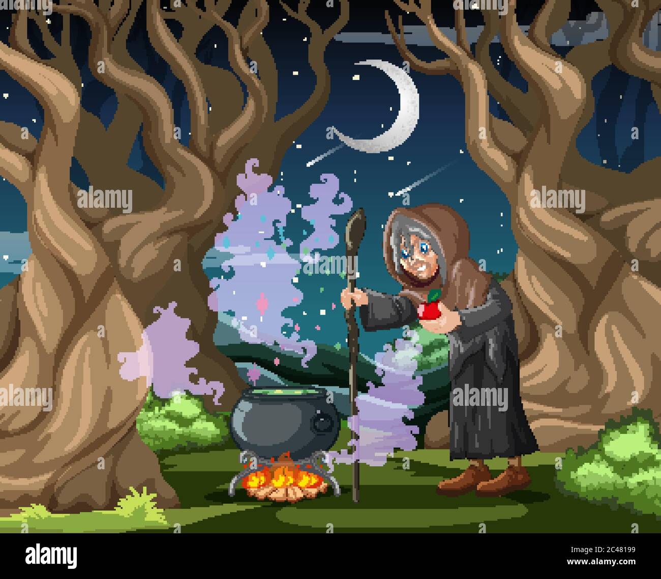 Witch with black magic pot cartoon style on dark jungle background  illustration Stock Vector Image & Art - Alamy
