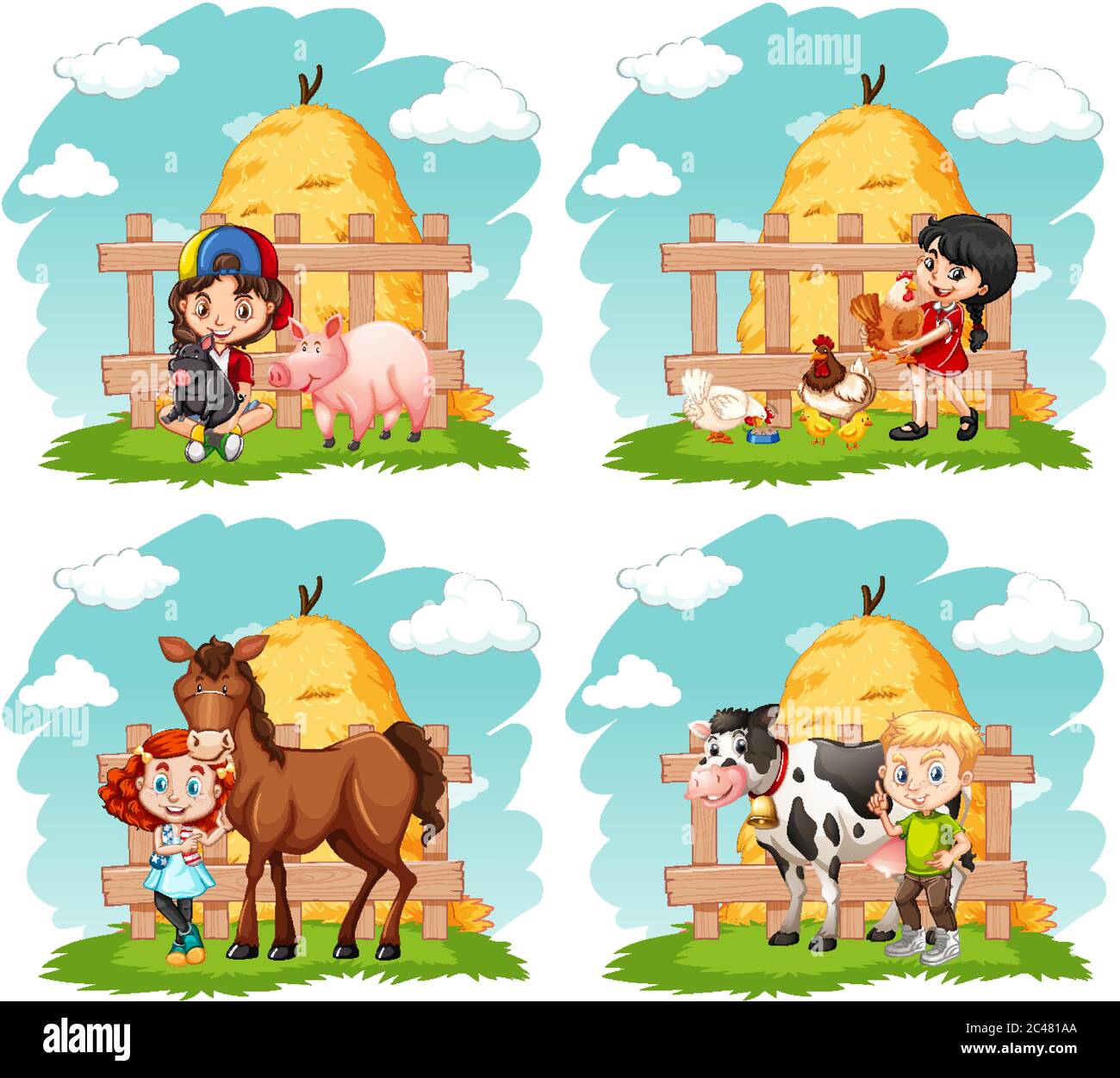 Happy children and farm animals on the farm illustration Stock Vector ...