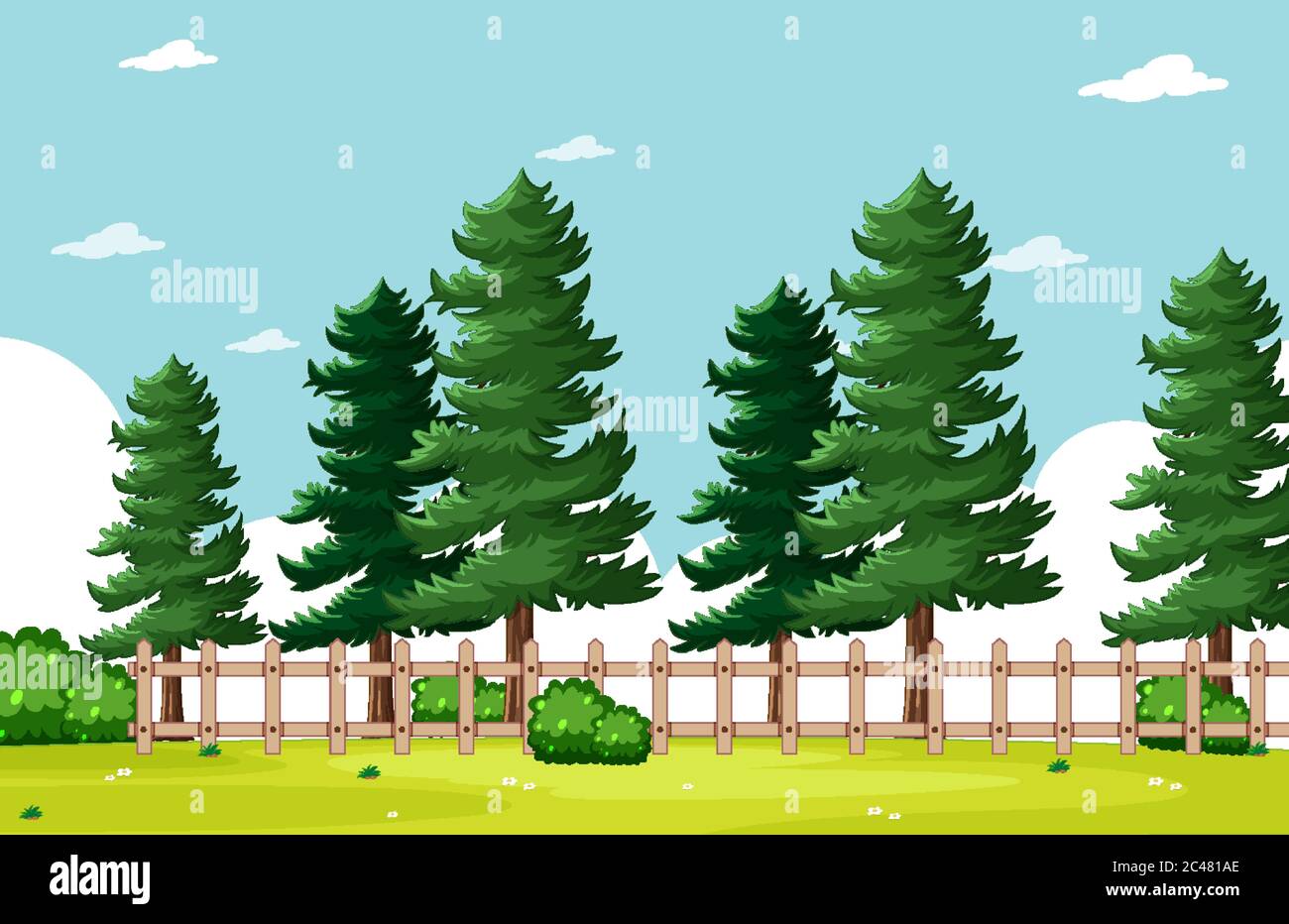 Pines tree in the nature park with bright blue sky scene illustration ...