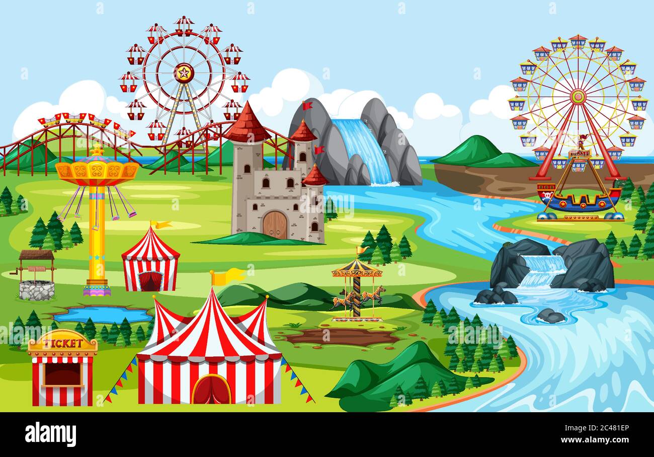 Amusement park with carnivals and many rides landscape scene ...