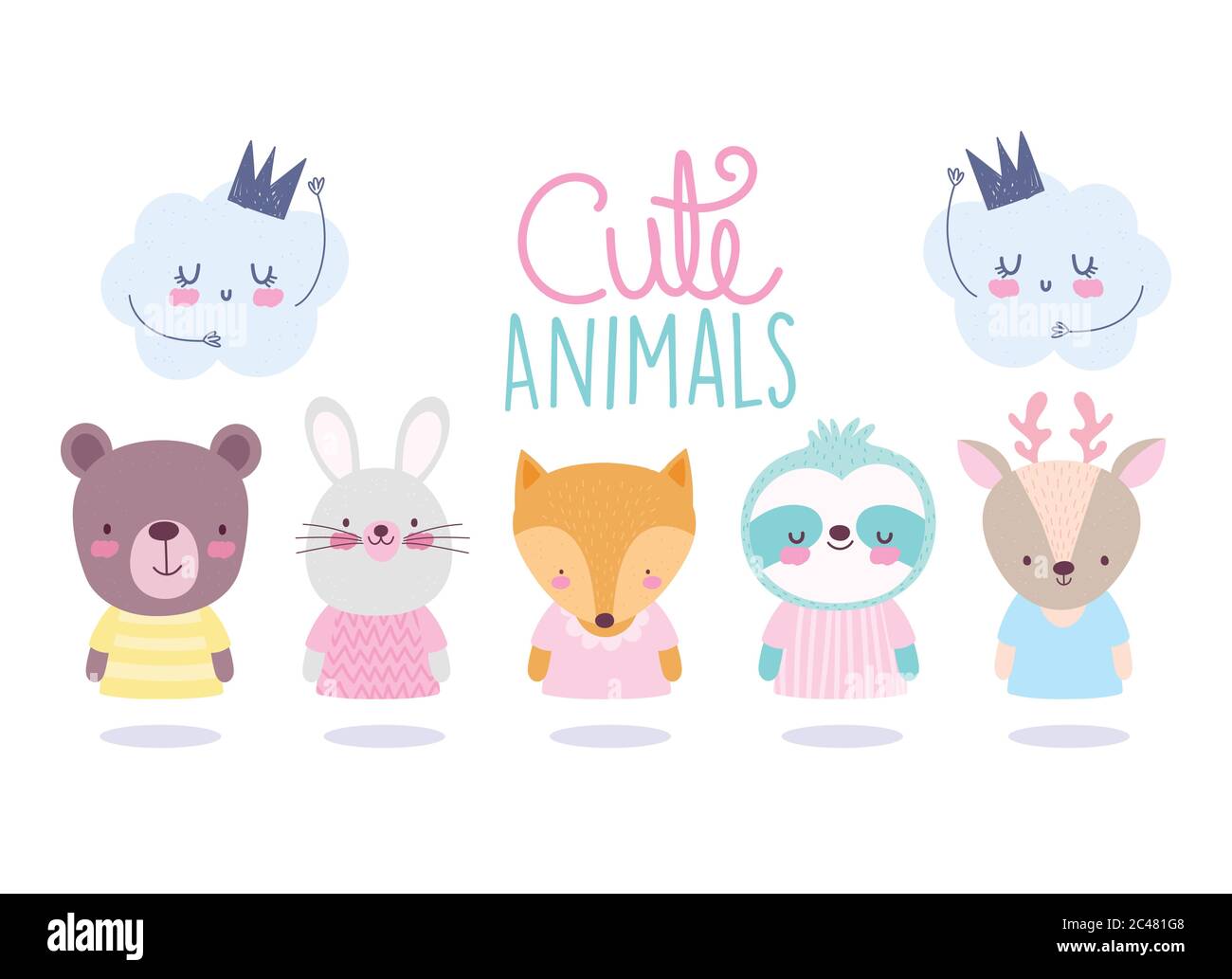 cartoon cute animals characters bear rabbit fox raccoon deer and clouds ...