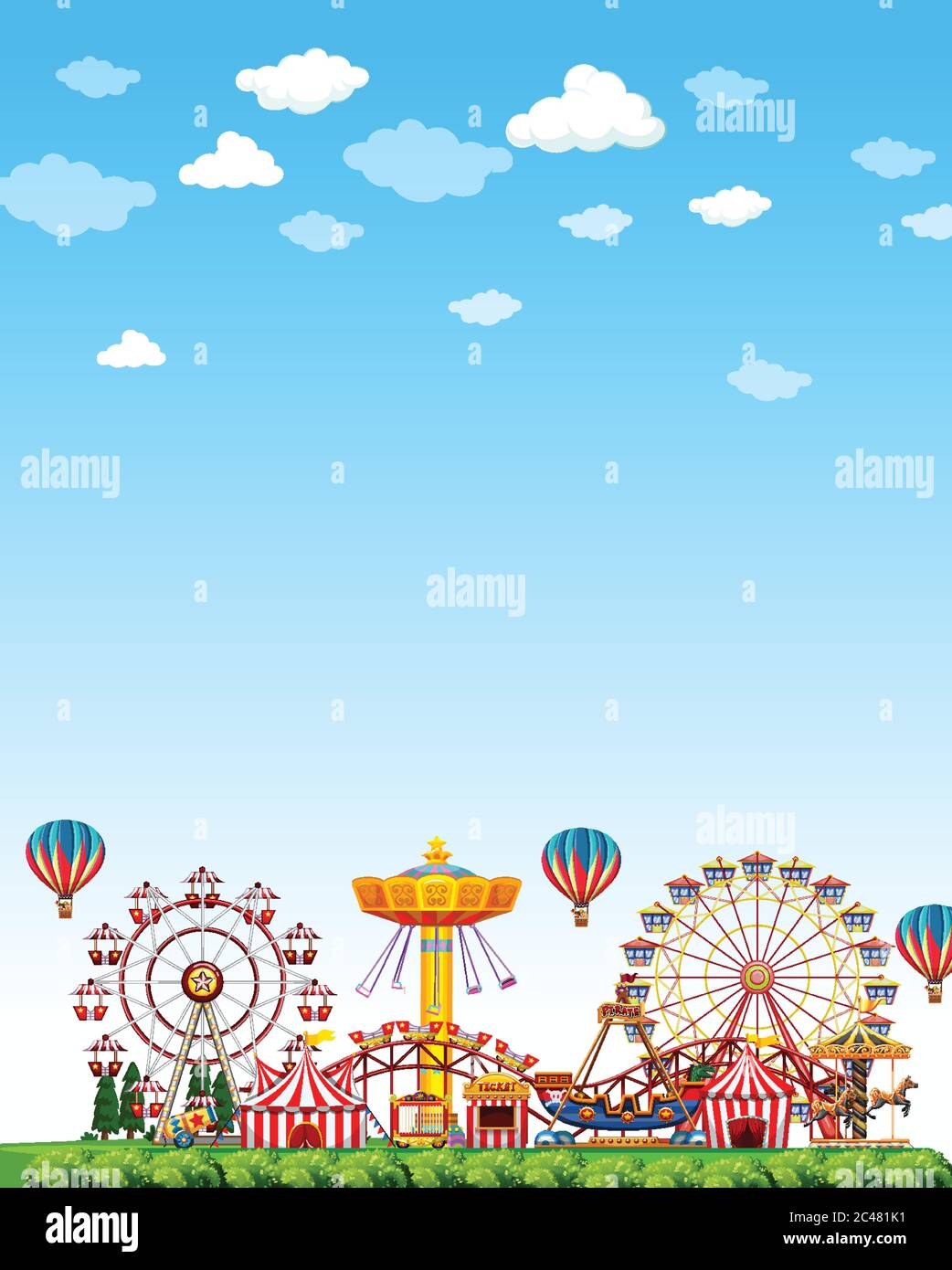 Amusement park scene at daytime with blank bright blue sky illustration ...