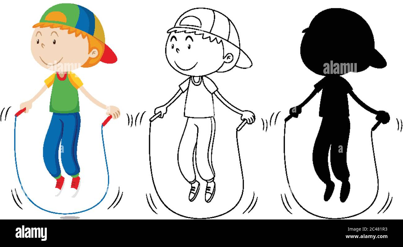 Boy jumping rope with its outline and silhouette illustration Stock ...