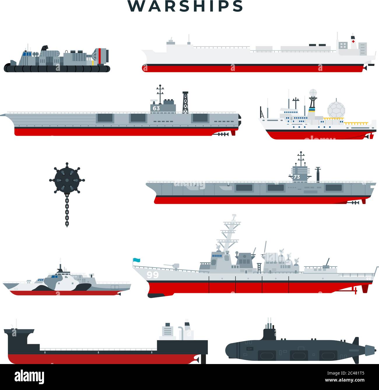 Warships of different types, set. Military boats, side view. Warship vector icons collection, isolated on white background. Stock Vector