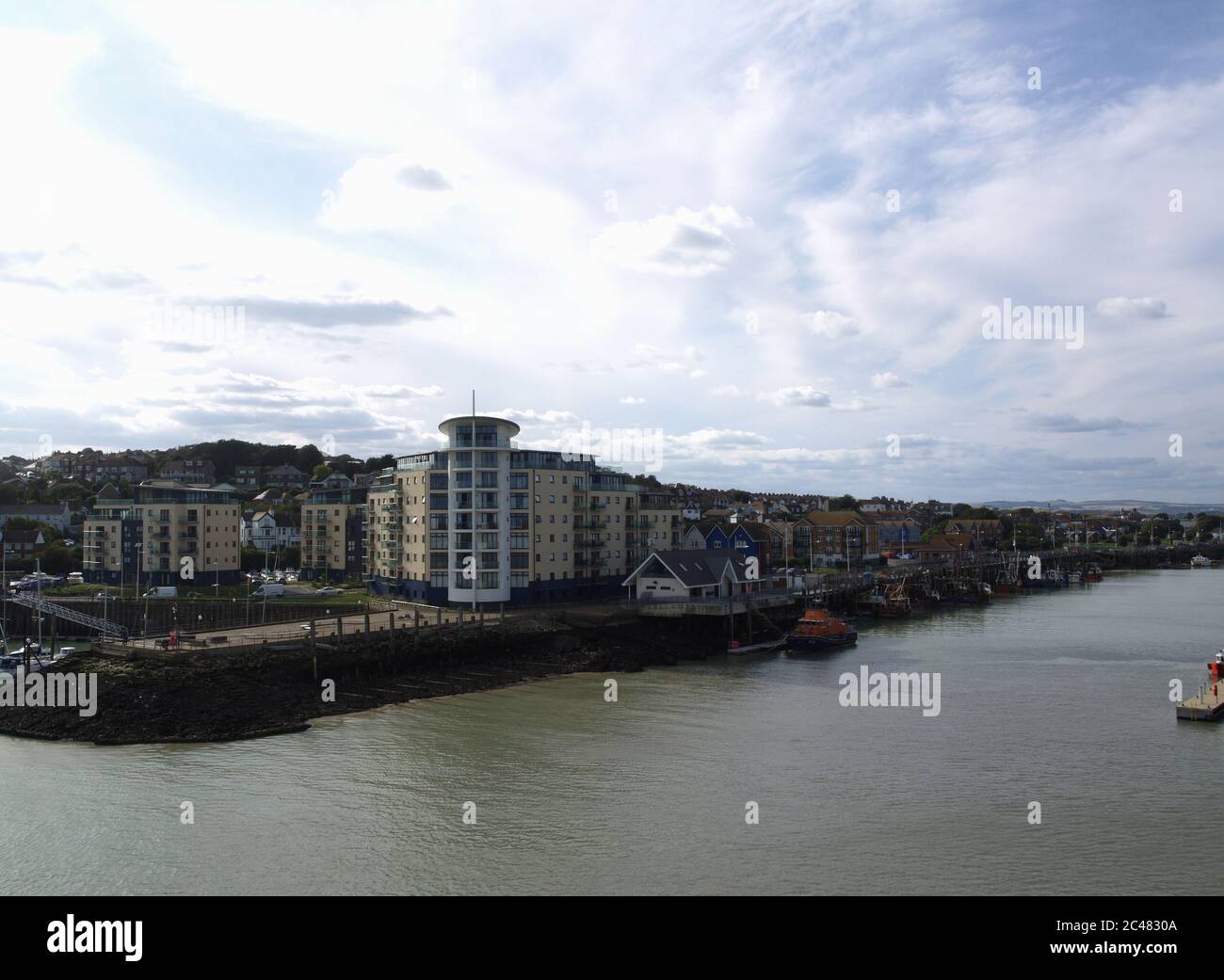 View of marina housing at Newhaven, East Sussex taken from  the Seven Sisters cross channel ferry Stock Photo