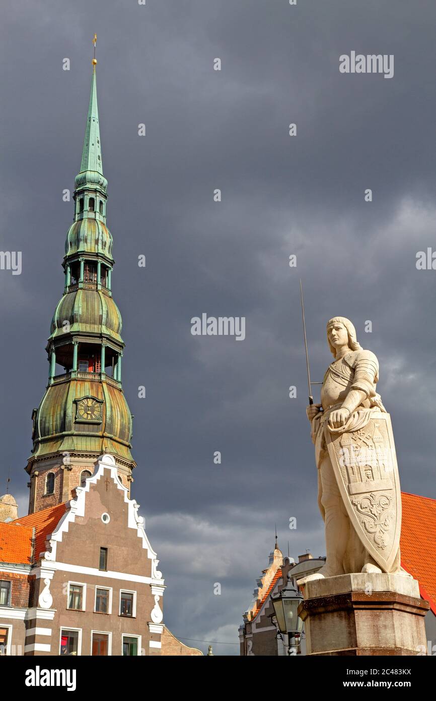 The spire of St Peter's Church in Riga, seen from Town Hall Square Stock Photo