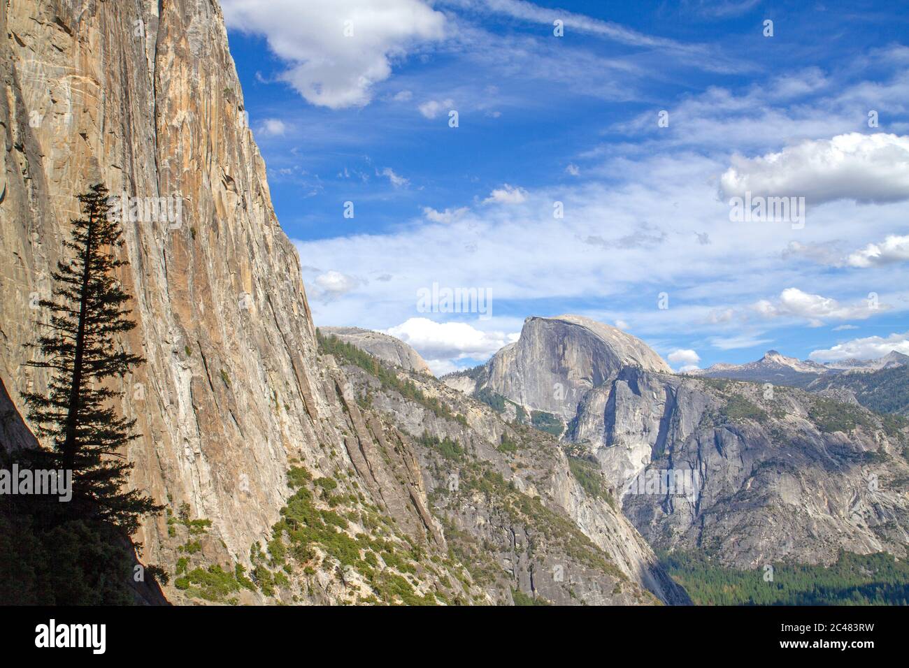 View across Yosemite Valley to Half Dome Stock Photo