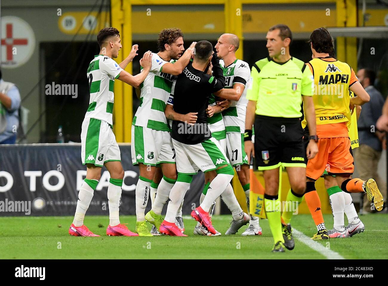 Milan. 25th June, 2020. Sassuolo's players celebrates their goal during a Serie A football match between FC Inter and Sassuolo in Milan, Italy, June 24, 2020. Credit: Xinhua/Alamy Live News Stock Photo