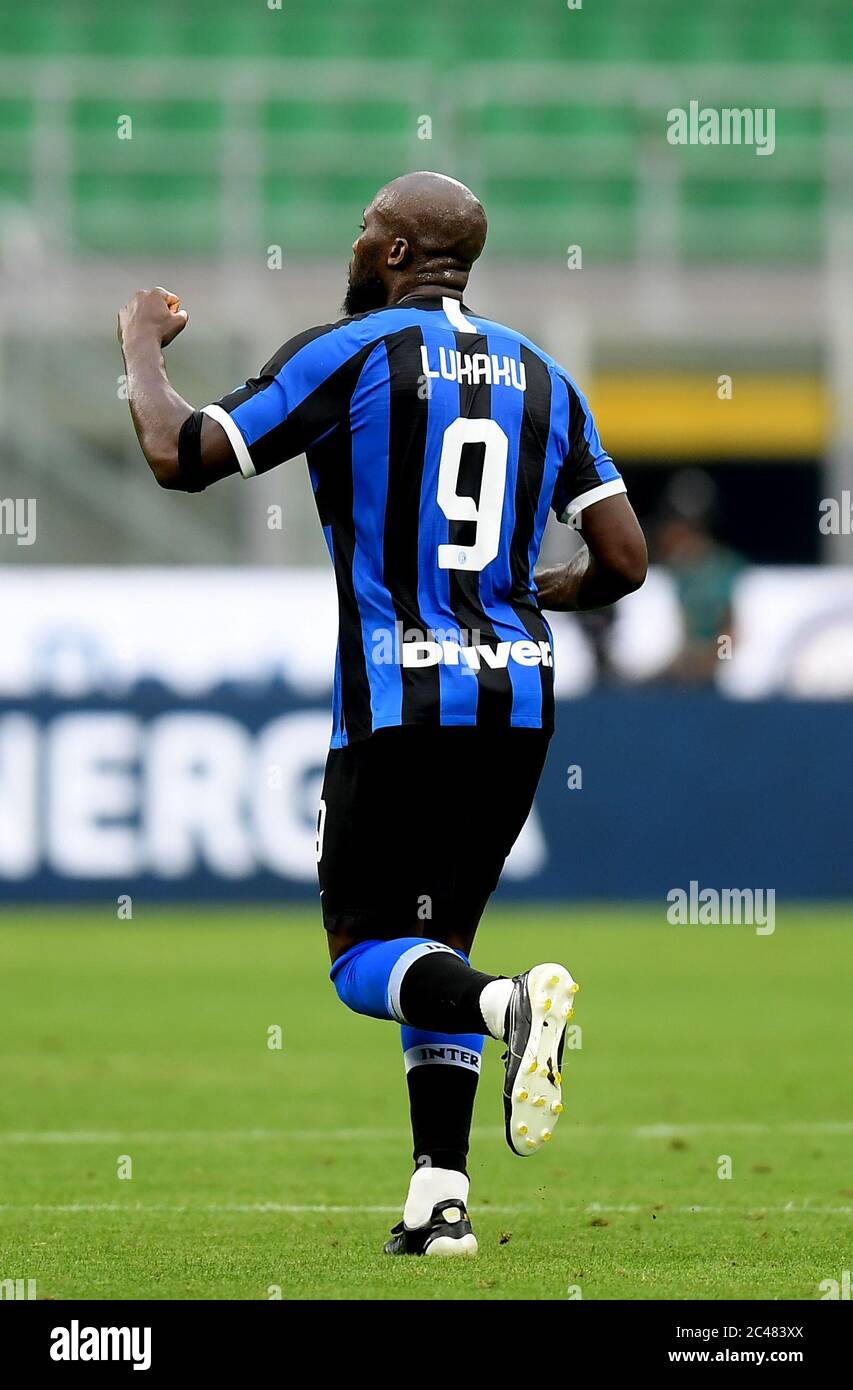 Milan. 25th June, 2020. FC Inter's Romelu Lukaku celebrates his goal during a Serie A football match between FC Inter and Sassuolo in Milan, Italy, June 24, 2020. Credit: Xinhua/Alamy Live News Stock Photo