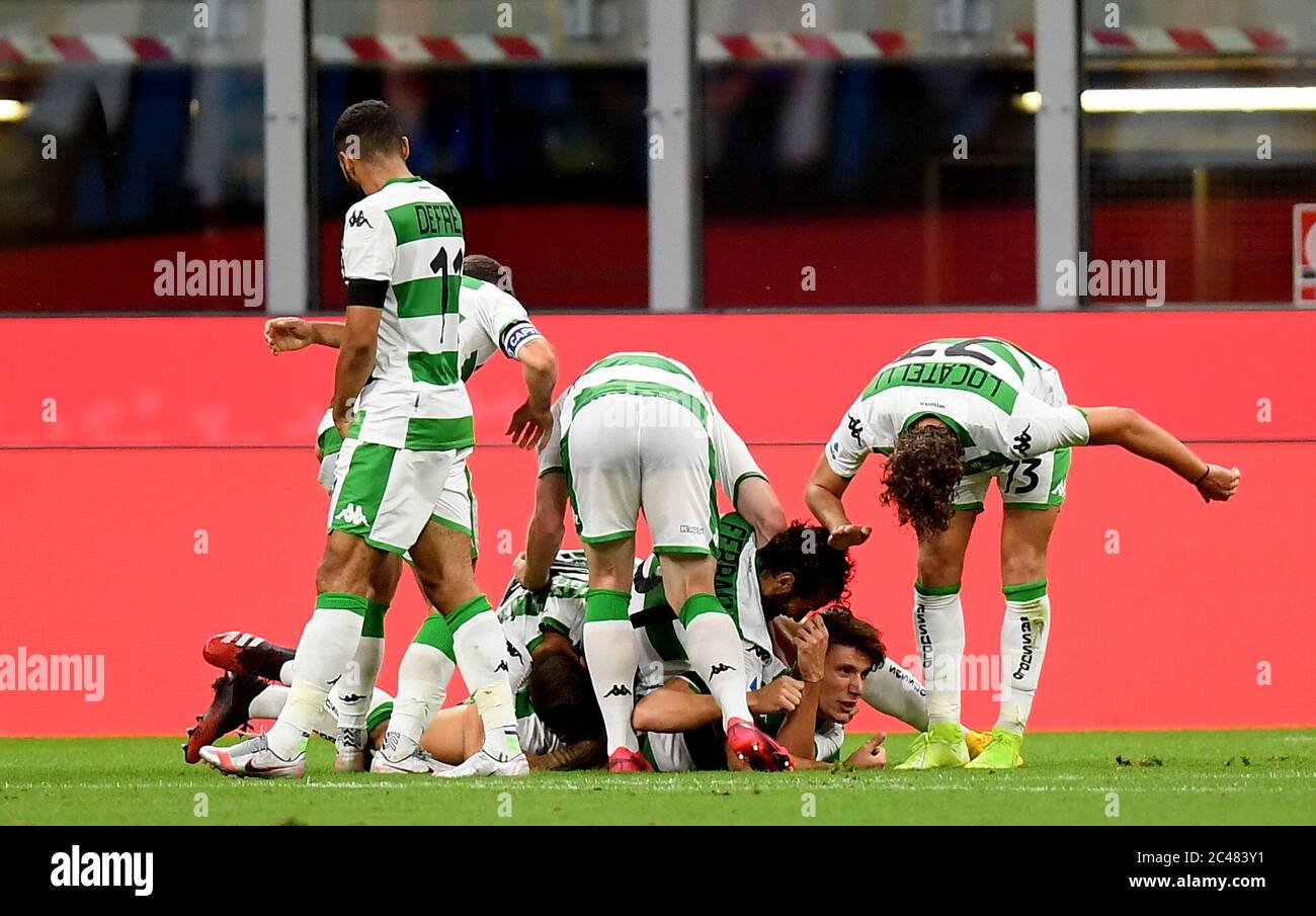 Milan. 25th June, 2020. Sassuolo's players celebrate their goal during a Serie A football match between FC Inter and Sassuolo in Milan, Italy, June 24, 2020. Credit: Xinhua/Alamy Live News Stock Photo