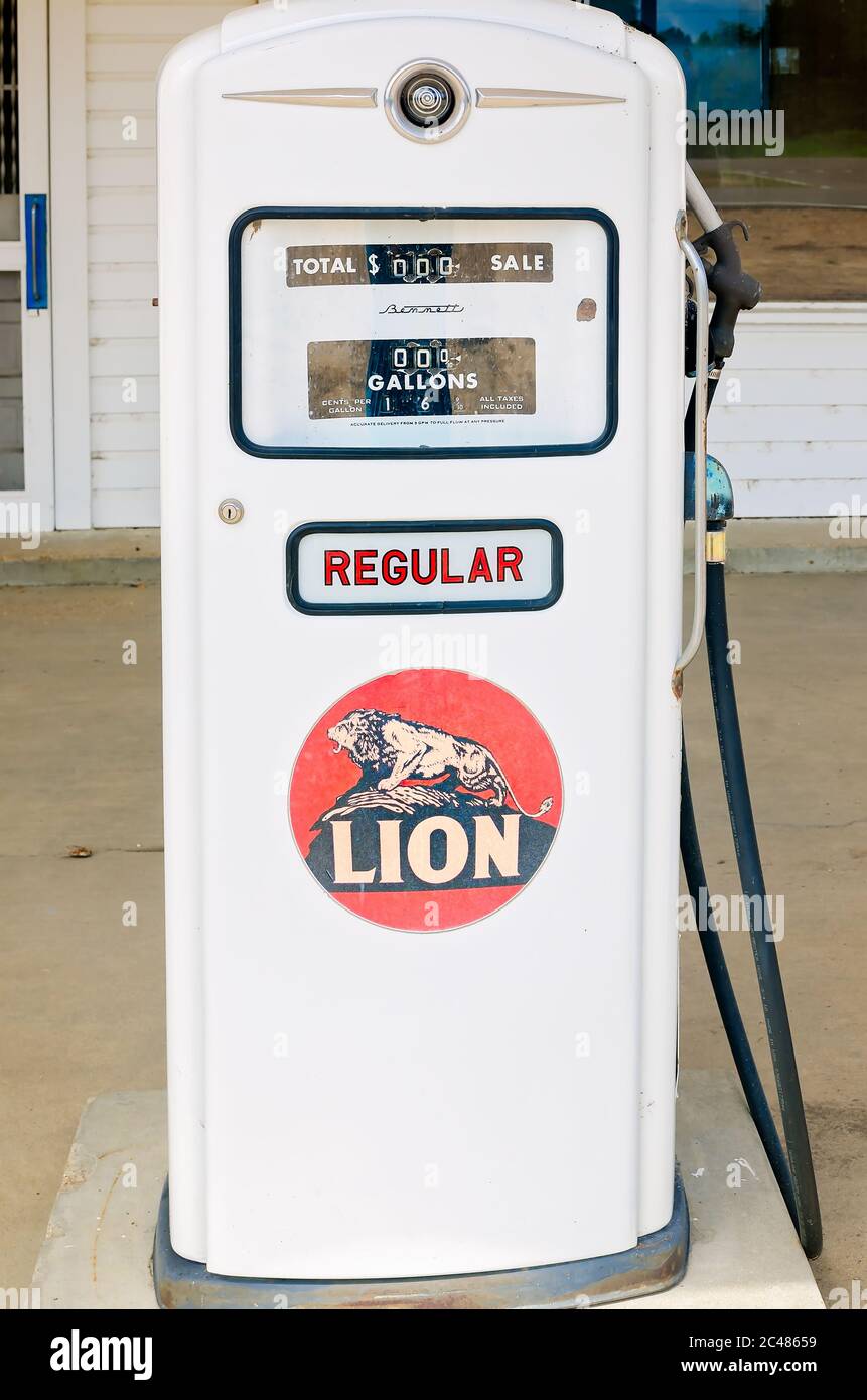 An antique Lion Petroleum gas pump stands at Dockery Service Station on