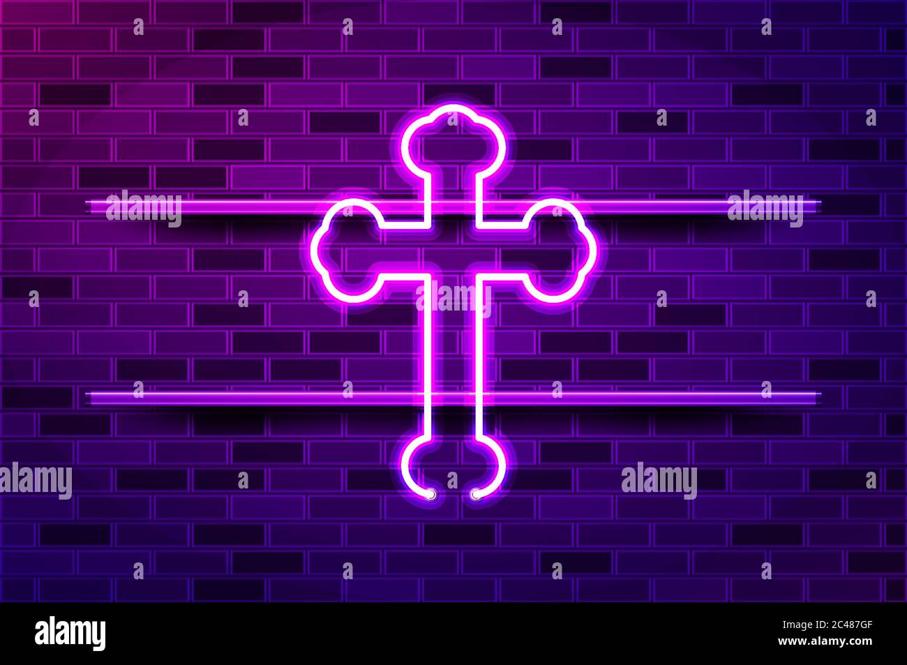 Byzantine cross glowing neon sign or LED strip light. Realistic vector illustration. Purple brick wall, violet glow, metal holders. Stock Vector