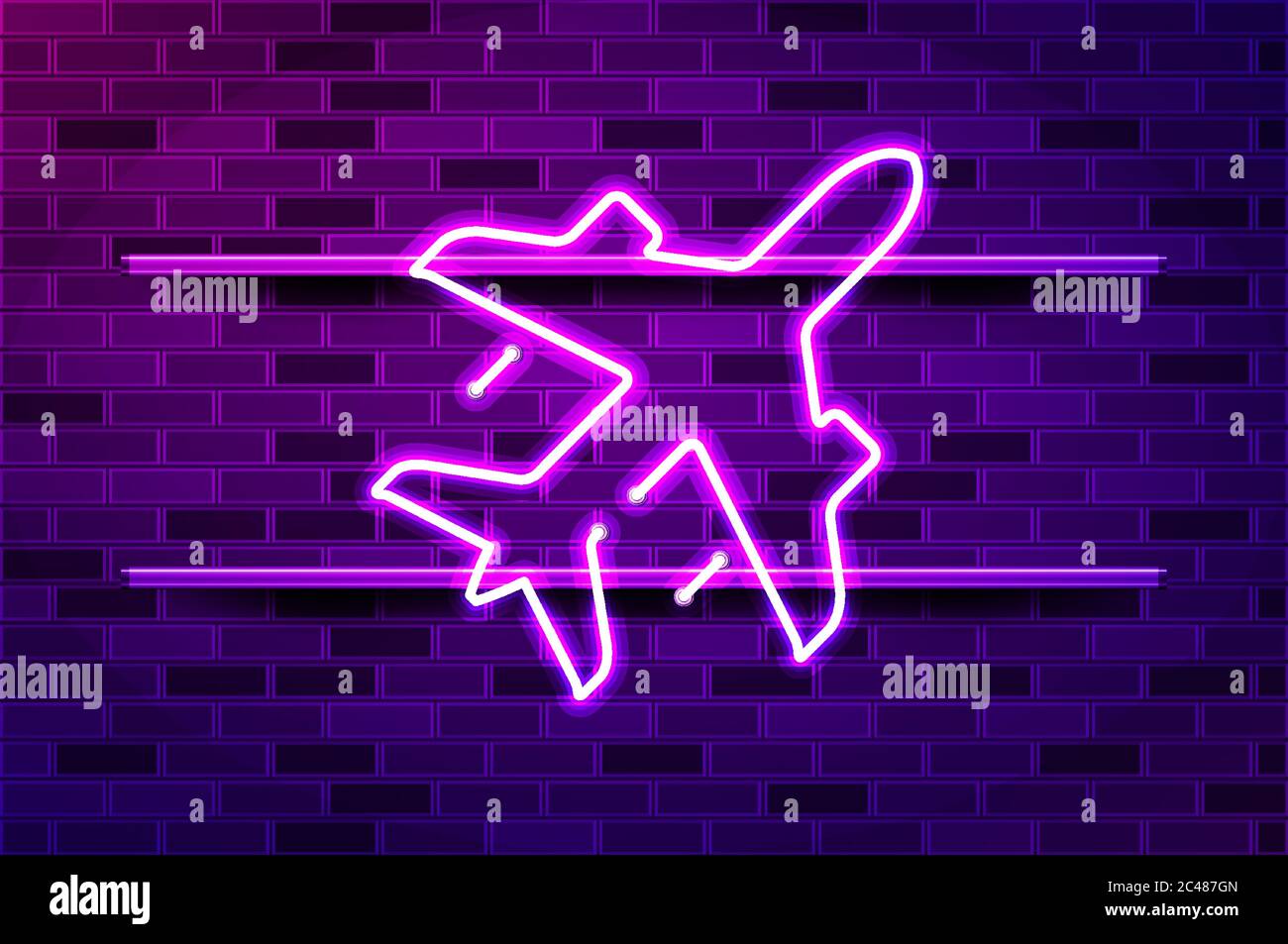 Plane glowing neon sign or LED strip light. Realistic vector illustration. Purple brick wall, violet glow, metal holders. Stock Vector