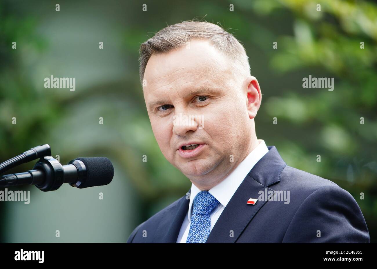 US President Donald J. Trump (not pictured) and Polish President Andrzej Duda hold a joint press conference in the Rose Garden of the White House in Washington, DC, USA, 24 June 2020. Duda, a conservative nationalist facing a tight re-election race back home, is the first foreign leader to visit the White House in more than three months.Credit: Jim LoScalzo/Pool via CNP /MediaPunch Stock Photo