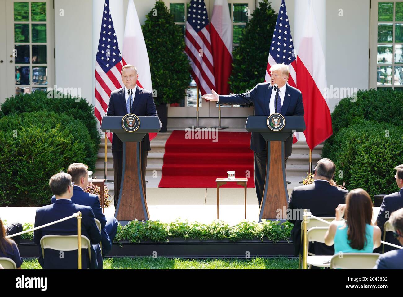 US President Donald J. Trump (R) and Polish President Andrzej Duda hold a joint press conference in the Rose Garden of the White House in Washington, DC, USA, 24 June 2020. Duda, a conservative nationalist facing a tight re-election race back home, is the first foreign leader to visit the White House in more than three months.Credit: Jim LoScalzo/Pool via CNP /MediaPunch Stock Photo
