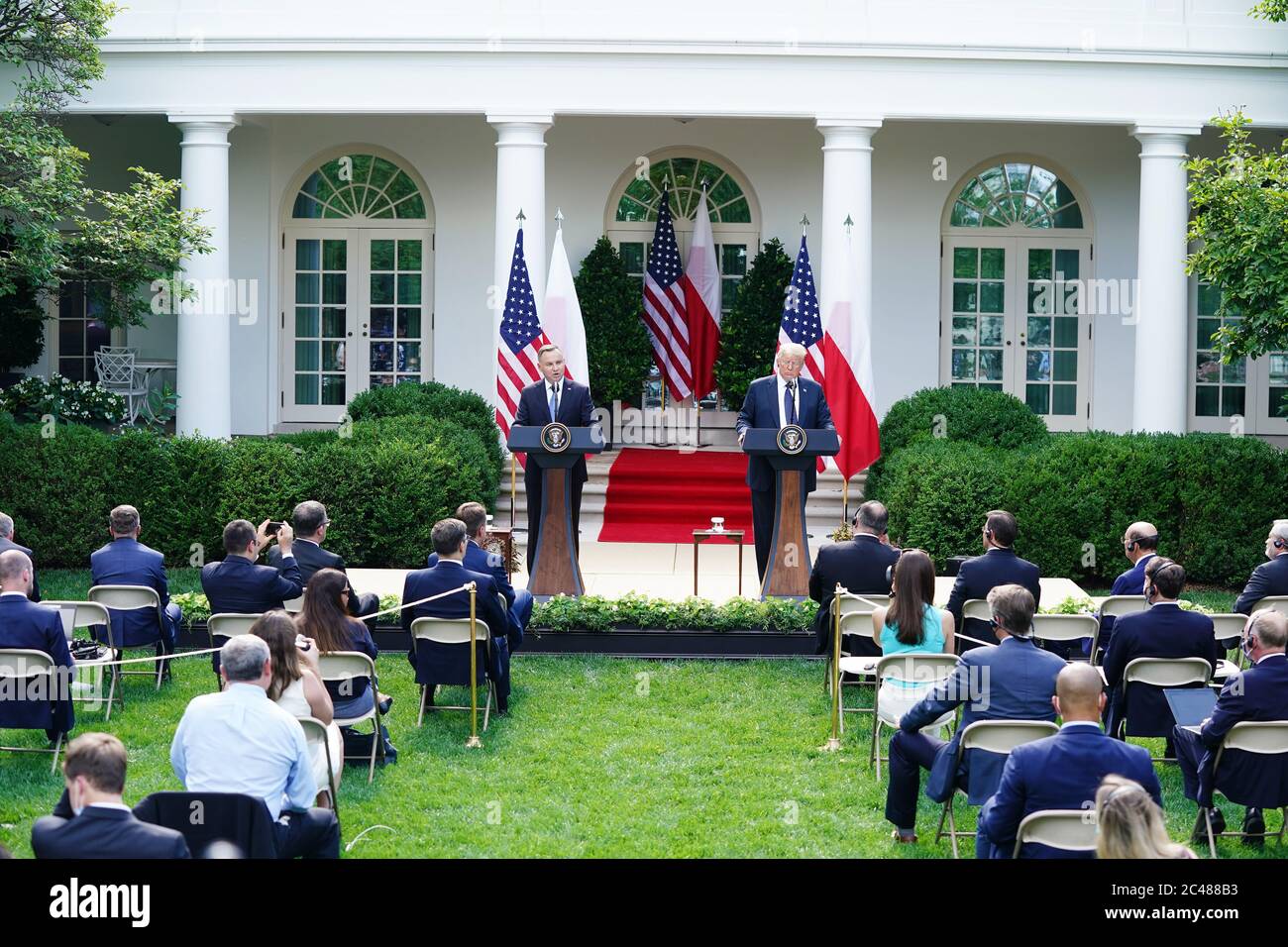 US President Donald J. Trump (R) and Polish President Andrzej Duda hold a joint press conference in the Rose Garden of the White House in Washington, DC, USA, 24 June 2020. Duda, a conservative nationalist facing a tight re-election race back home, is the first foreign leader to visit the White House in more than three months.Credit: Jim LoScalzo/Pool via CNP /MediaPunch Stock Photo