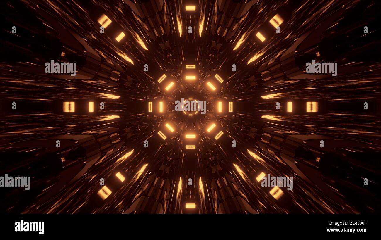 3D rendering of a futuristic background with golden abstract neon laser ...
