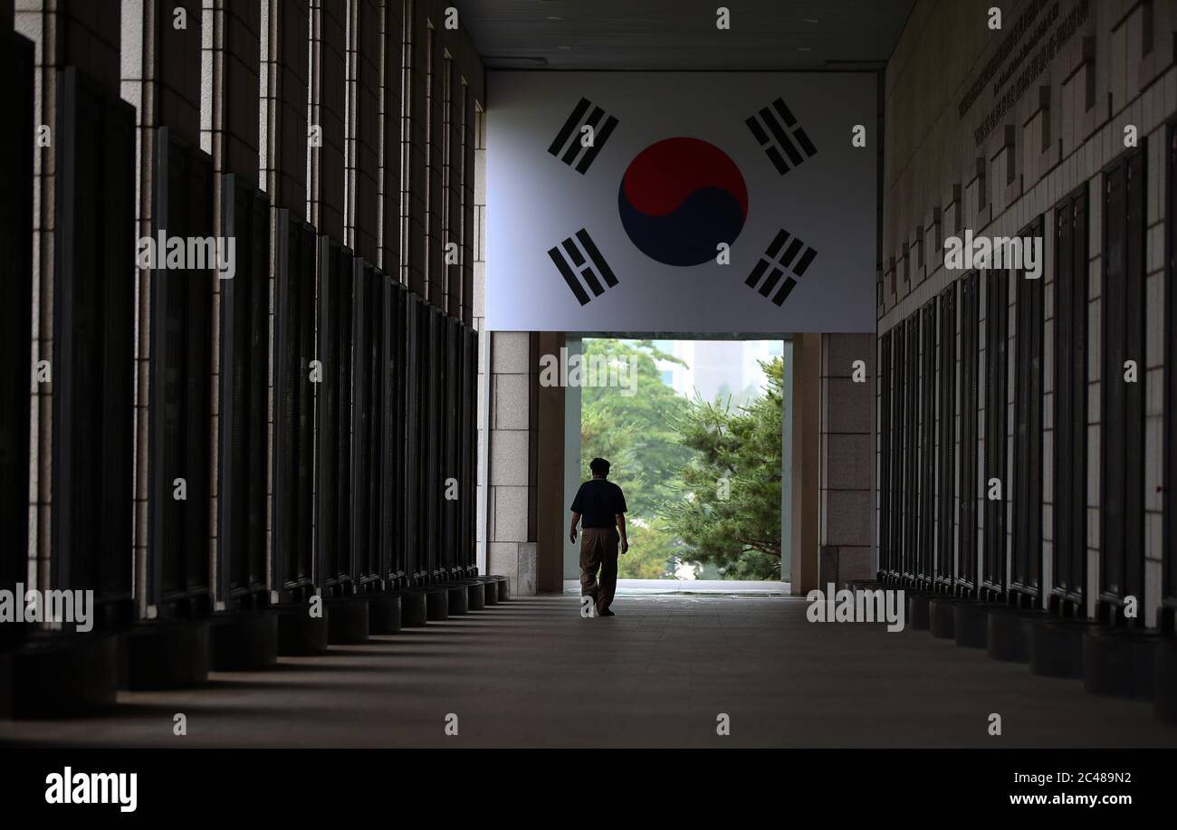 25th June, 2020. Korean War anniversary A visitor walks down the hall ...