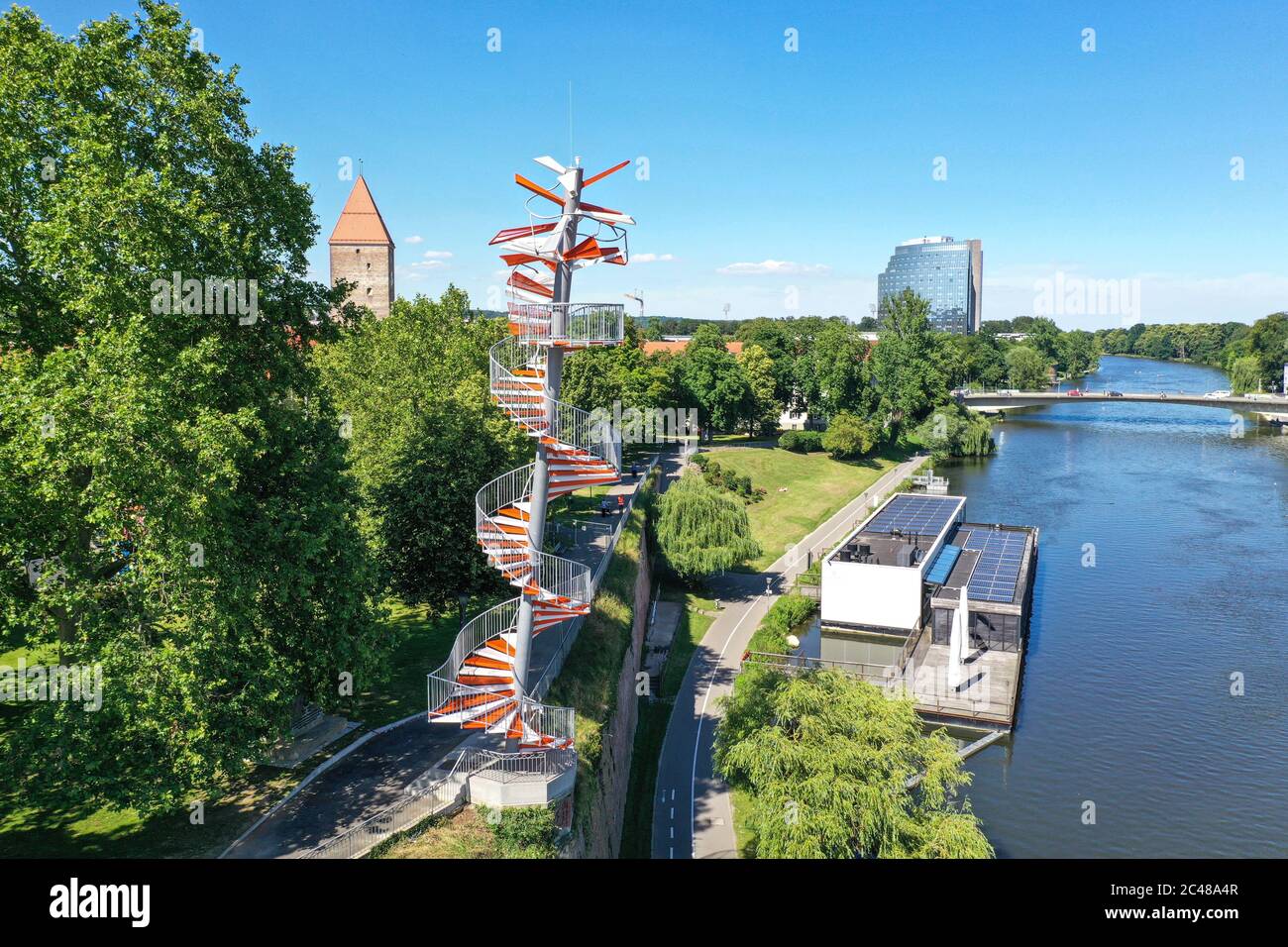 Ulm Germany 24th June 2020 The Berblinger Tower Stands On The Bank ulm-germany-24th-june-2020-the-berblinger-tower-stands-on-the-bank