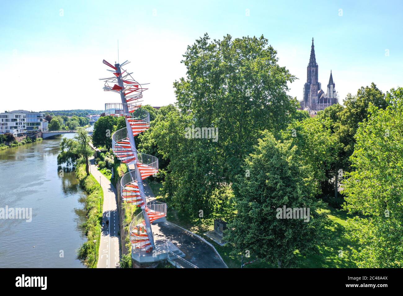 Ulm Germany 24th June 2020 The Berblinger Tower Stands On The Bank ulm-germany-24th-june-2020-the-berblinger-tower-stands-on-the-bank
