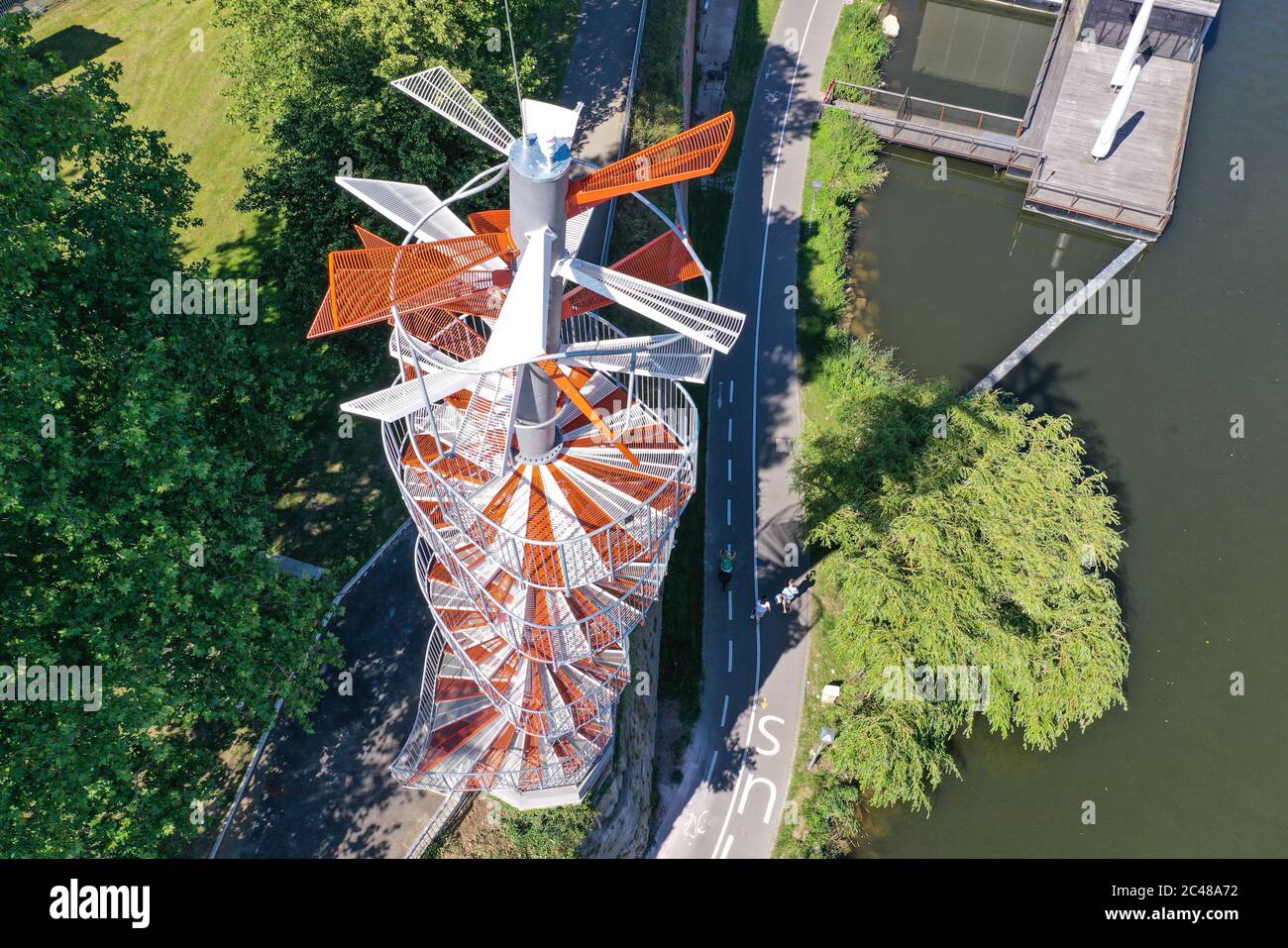 Ulm Germany 24th June 2020 The Berblinger Tower Stands On The Bank ulm-germany-24th-june-2020-the-berblinger-tower-stands-on-the-bank