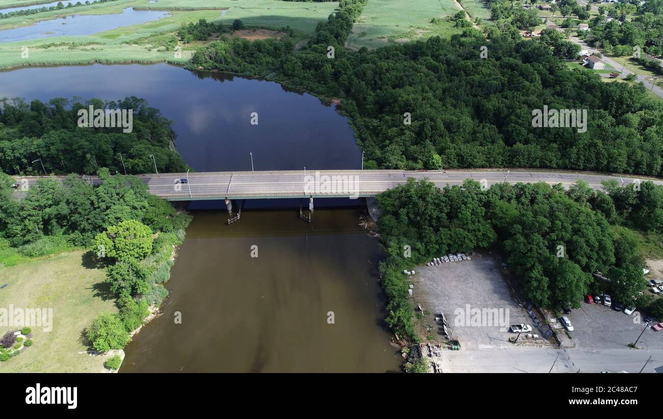 Aerial view of Veterans Memorial Bridge connecting Sayreville and South
