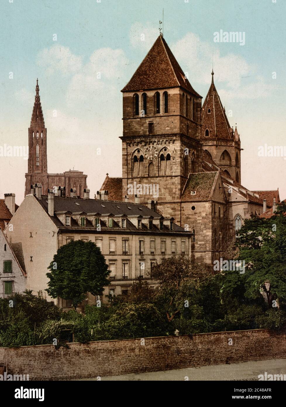 Strasbourg. St. Thomas Church and Cathedral. Strassburg Thomaskirche & Münster. France, circa 1900 Stock Photo