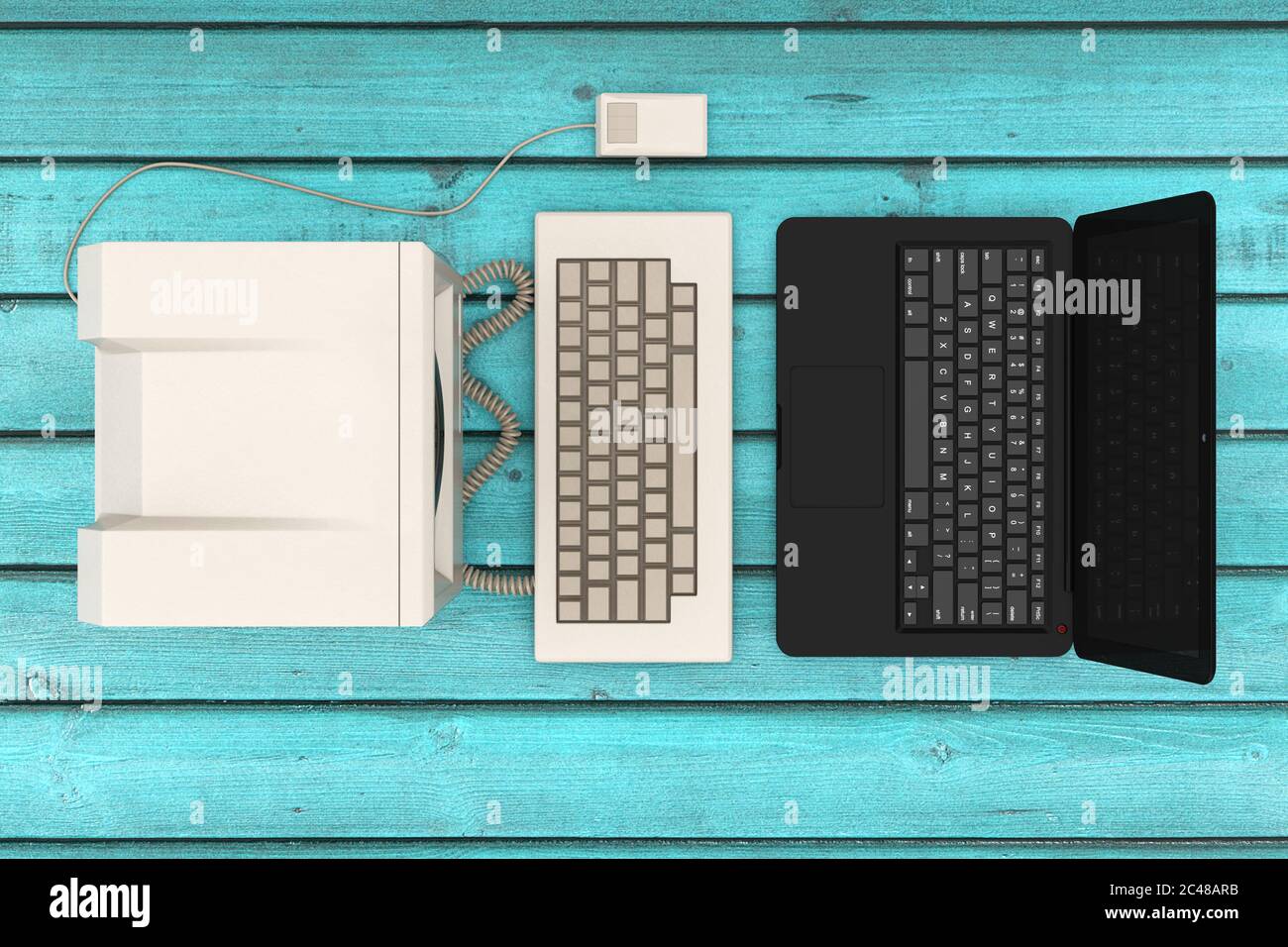 Computer Technology Concept. Top View of The System Unit, Monitor, Keyboard and Mouse in front of Modern Laptop Computer on a wooden table. 3d Renderi Stock Photo