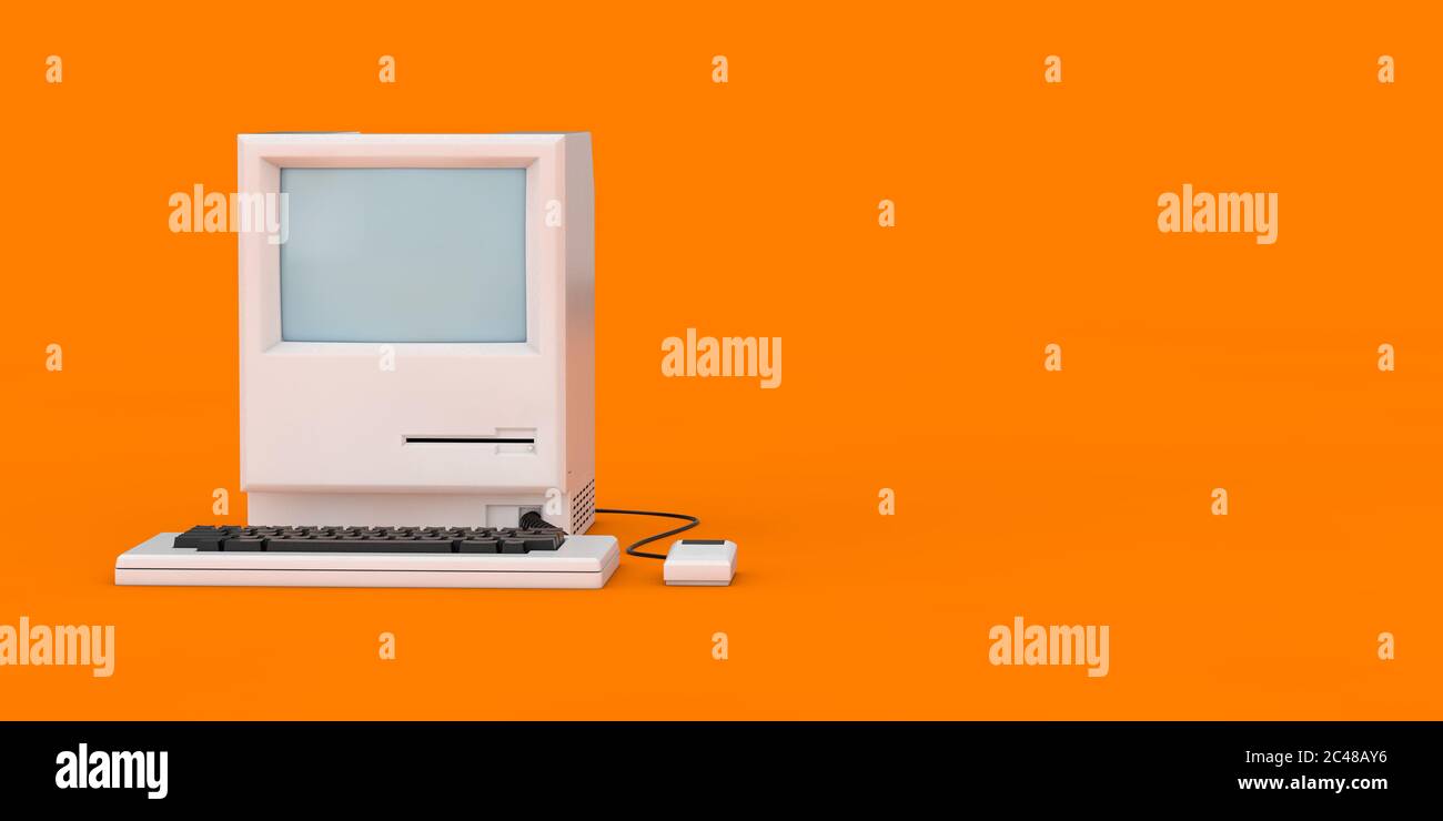 Retro Personal Computer. The System Unit, Monitor, Keyboard and Mouse on an orange background. 3d Rendering Stock Photo
