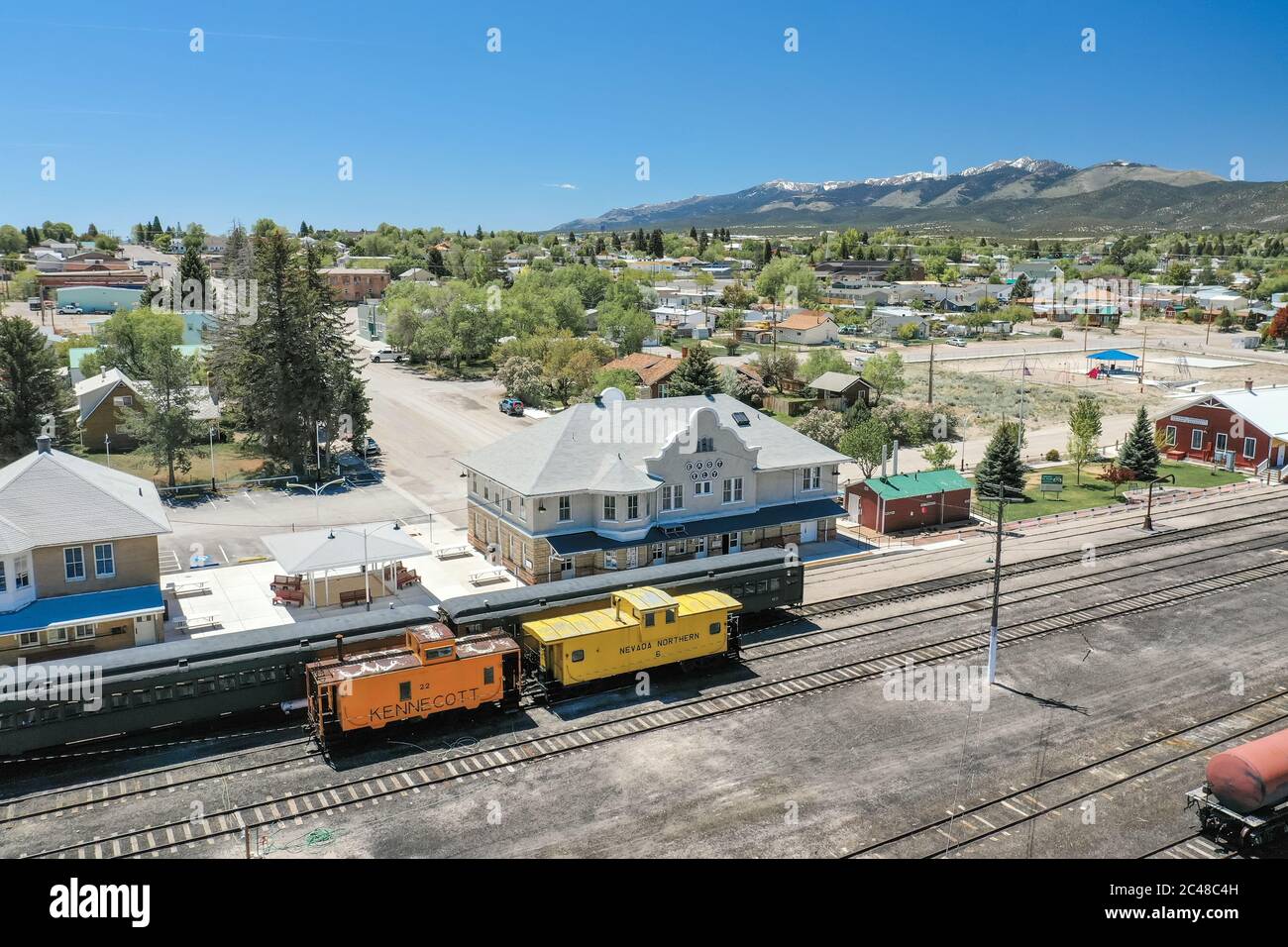 ELY, NEVADA, UNITED STATES May 25, 2020 Train cars, including a