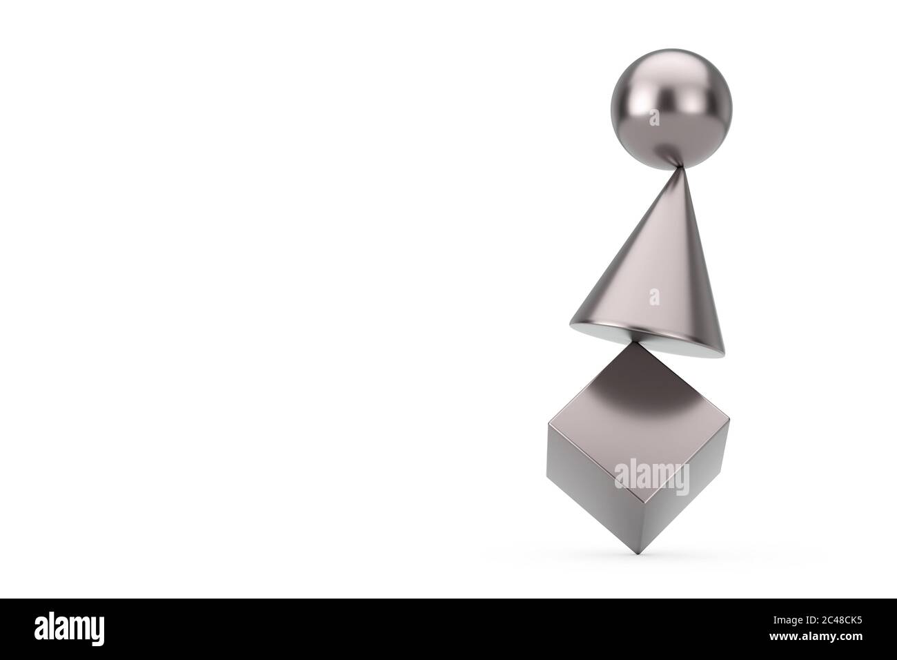 Metal Cube, Sphere and Cone in Balance Concept on a white background. 3d Rendering Stock Photo