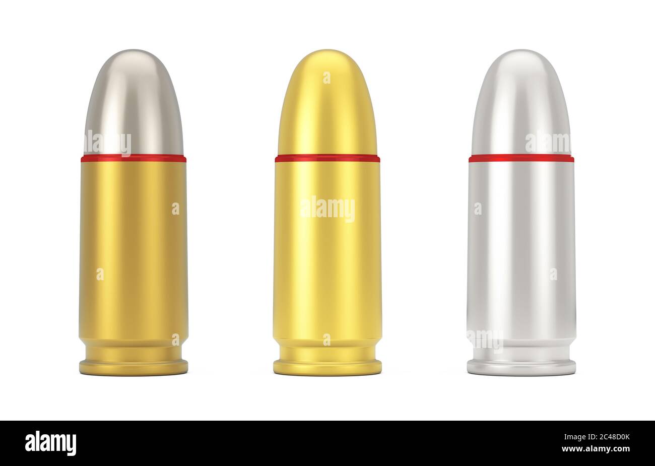 9 mm Metal Golden and Silver Gun Bullets on a white background. 3d