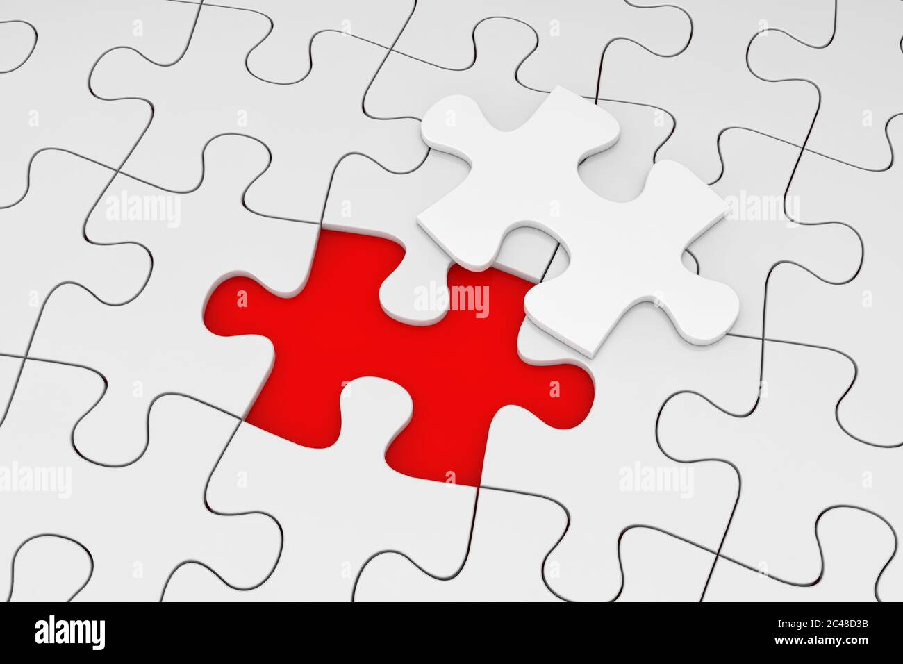 One Piece of White Jigsaw Puzzle over Plain of White Puzzle on a red background. 3d Rendering Stock Photo